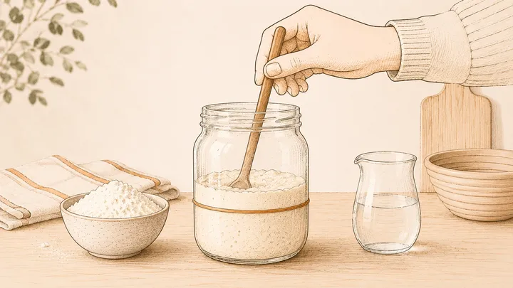 A small amount of starter being fed with equal weights of flour and water