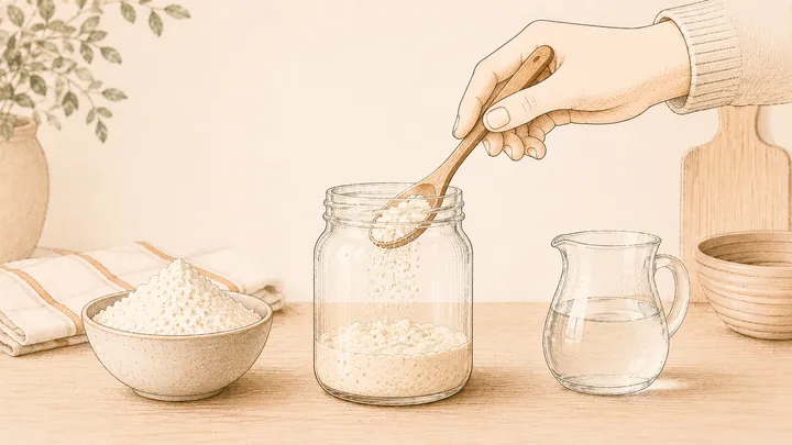 Equal weights of flour and water being mixed in a clean glass jar