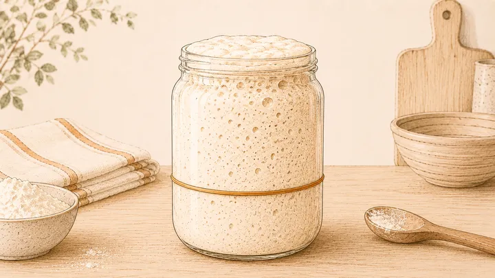 A mature sourdough starter doubled above a marked level with bubbles and a slightly domed top