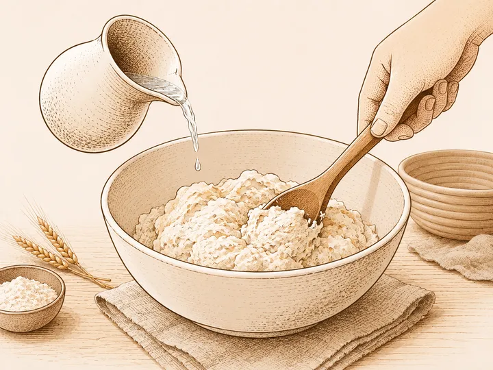 Water being added to flour in a mixing bowl during the autolyse stage