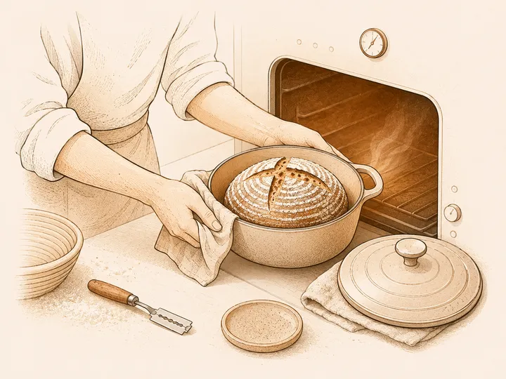 A baker loading a scored sourdough loaf into a covered oven-safe pot