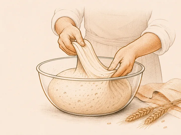 A baker gently stretching and folding fermented dough inside a bowl