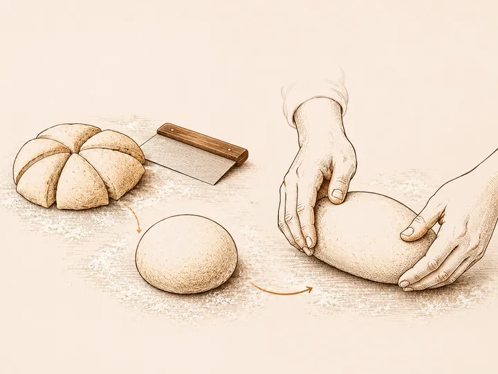 Bread dough being divided with a bench scraper and formed into loose rounds