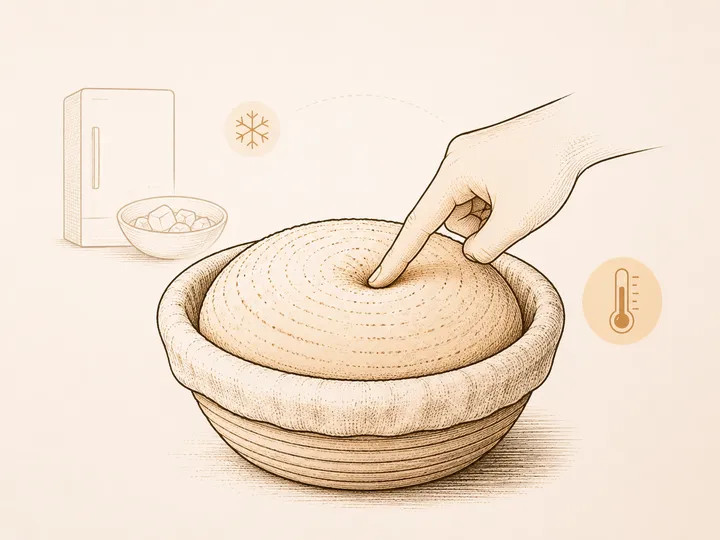 A gently poked loaf in a proofing basket, with symbols representing warm and cold proofing