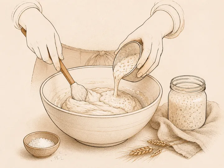 Active sourdough starter being added to autolysed dough in a bowl