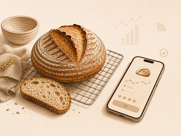 A finished sourdough loaf and crumb beside a phone showing a saved bake and rating