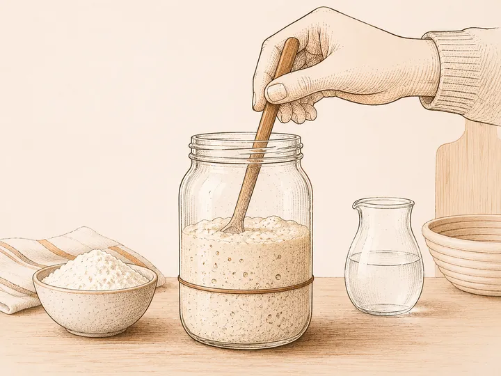 A sourdough starter being stirred in a glass jar, with flour and water nearby