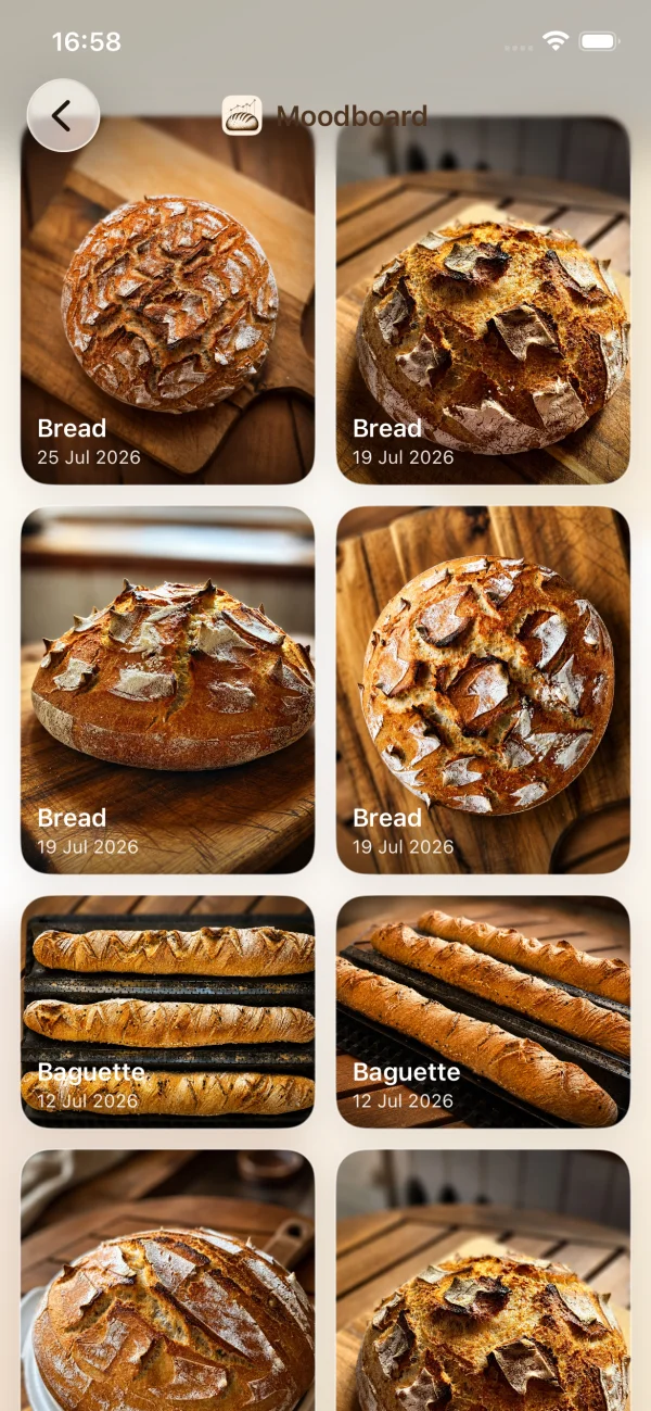Crumblytics Moodboard showing photographs of previous sourdough breads and baguettes
